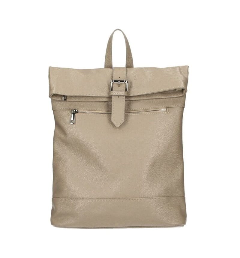 Leren Rugtas Neiva taupe leer handtassen rugzakken dames 3 vakken zilver beslag italiaans leder kopen