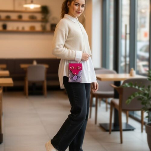 Leren-Schoudertas-Animal-Love-multi-fuchsia paarse-slangenprint-fuchsia-dierenvacht-taupe-kleurrijke-tasjes-dierenvacht-kopen-bestellen-trendy-goud model