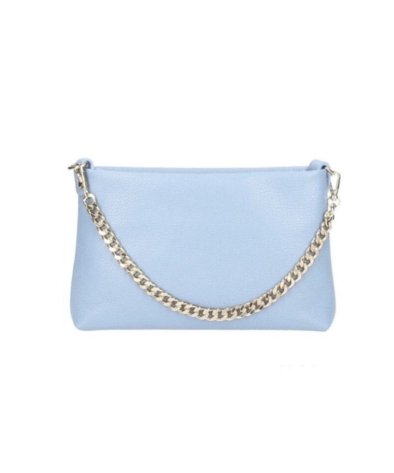 Leren Schoudertas Chain lichtblauw babyblauw zachtblauw blauwe blauw leer clutches handtassen gouden ketting hengsel luxe lederen tassen kopen bestellen side