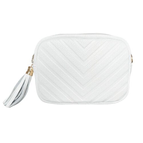 Leren Schoudertas Chevron tassle wit witte leren schoudertassen goud beslag kwastje italiaans leren tassen kopen bestellen