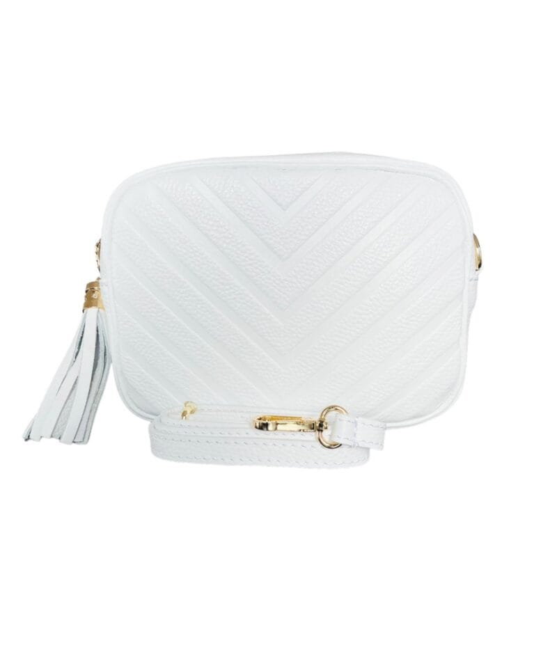 Leren Schoudertas Chevron tassle wit witte leren schoudertassen goud beslag kwastje italiaans leren tassen kopen bestellen detail