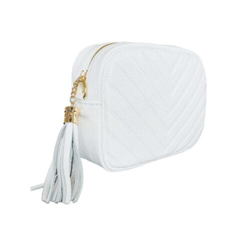 Leren Schoudertas Chevron tassle wit witte leren schoudertassen goud beslag kwastje italiaans leren tassen kopen bestellen side