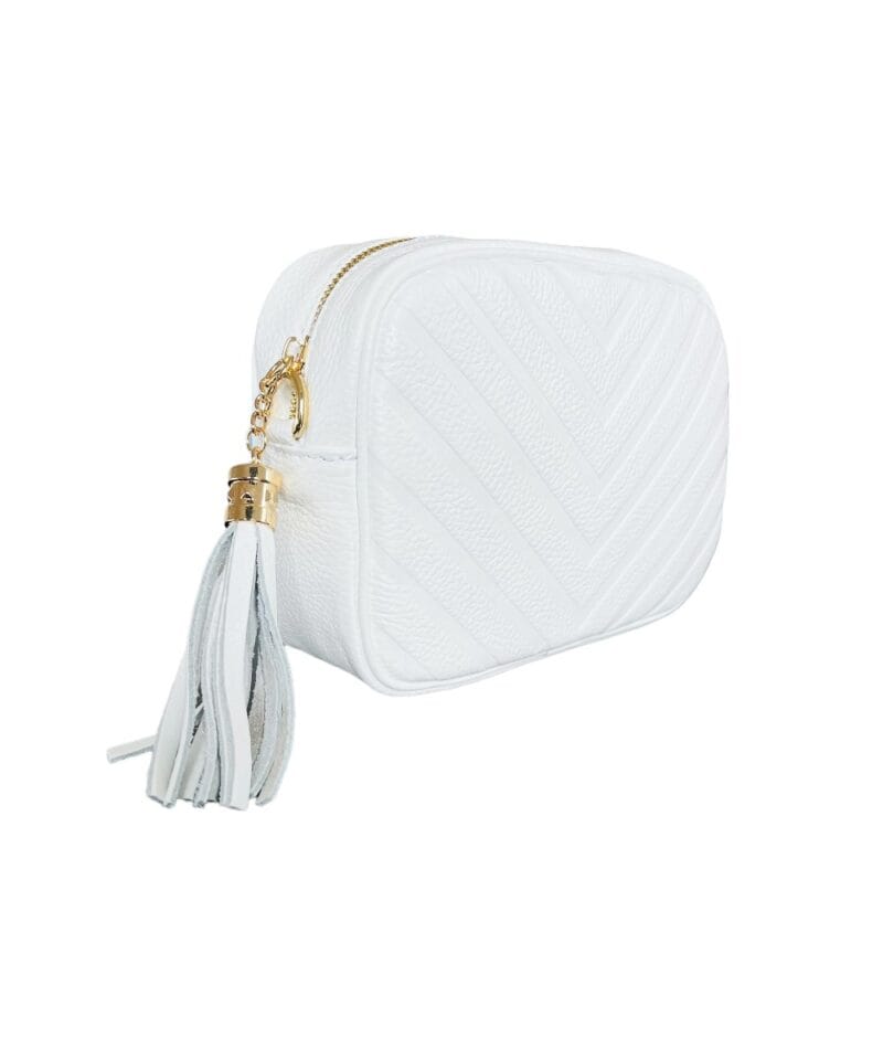 Leren Schoudertas Chevron tassle wit witte leren schoudertassen goud beslag kwastje italiaans leren tassen kopen bestellen side