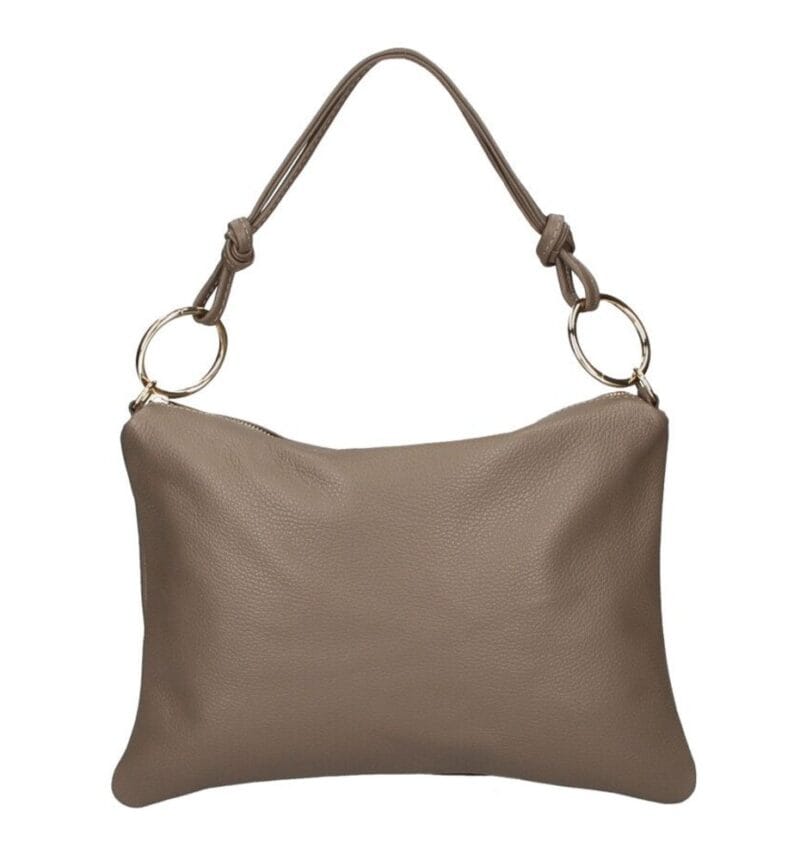 Leren Schoudertas Creta gouden cirkels donker taupe leren schoudertassen chique trendy italiaans leder tassen