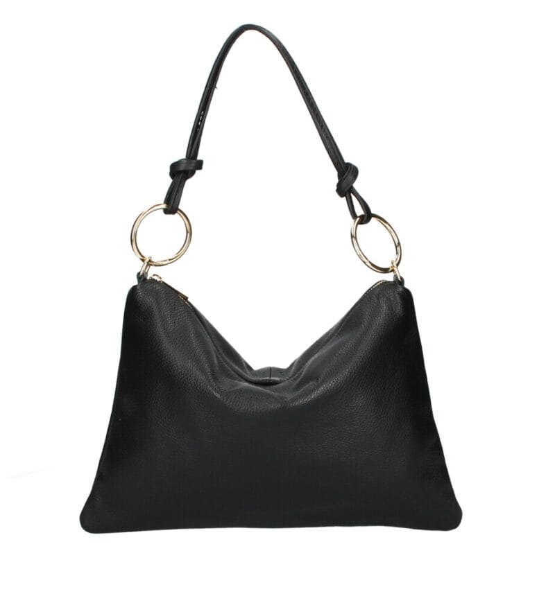 Leren Schoudertas Creta gouden cirkels zwart zwarte leren schoudertassen chique trendy italiaans leder tassen