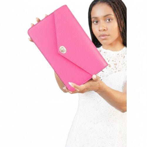 Leren Schoudertas Debby fel roze hotpink stevige tassen leer goud draaislot trendy it bags kopen bestellen model