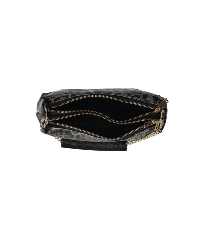 Leren Schoudertas Gold Chain Leopard antraciet donker zilver zilveren zacht leren twee vaks leopard print kettinghengsel italiaans leder kopen bestellen open