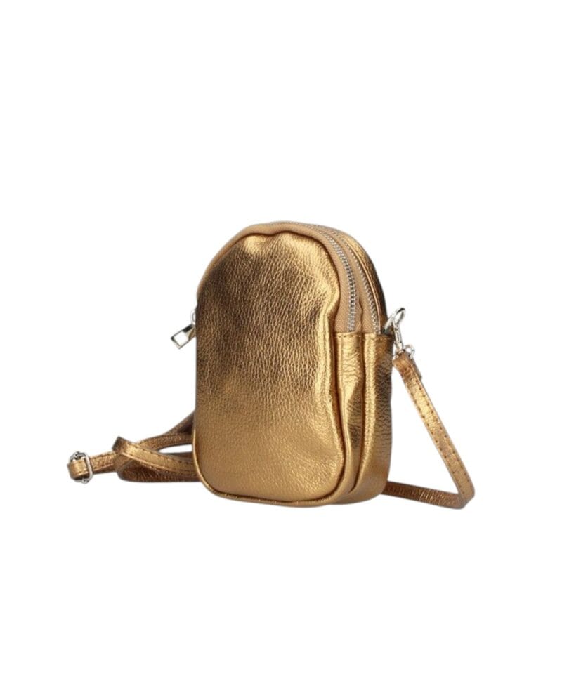 Leren Schoudertas Lella brons bronzen leer leder schoudertassen telefoontassen italiaans leder 2 vaks rits met voorvak kopen bestellen side-