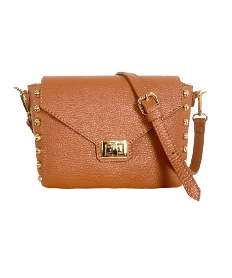Leren-Schoudertas-My-Studs-cognac-tassen-gouden-studs-draaislot-stevige-trendy-dames-tassen-kopen-bestellen-