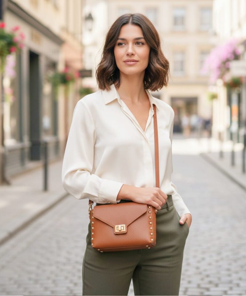 Leren-Schoudertas-My-Studs-cognac -tassen-gouden-studs-draaislot-stevige-trendy-dames-tassen-kopen-bestellen detail model