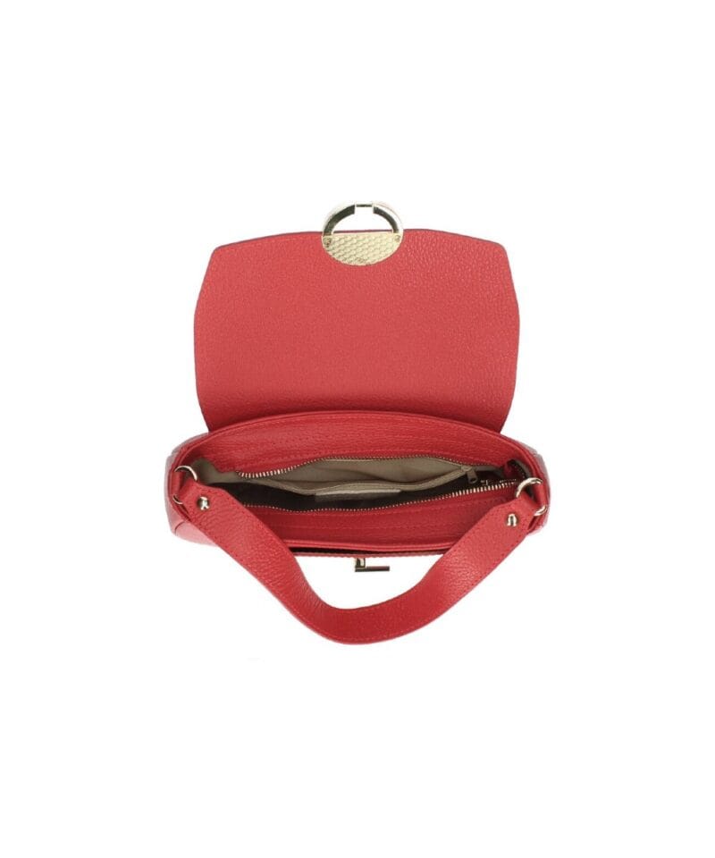 Leren Schoudertas Ring Sluiting rood rode-ronde-gouden-draaislot-unieke-stevige-leren-tassen-italiaans-leder-kopen-bestellen open