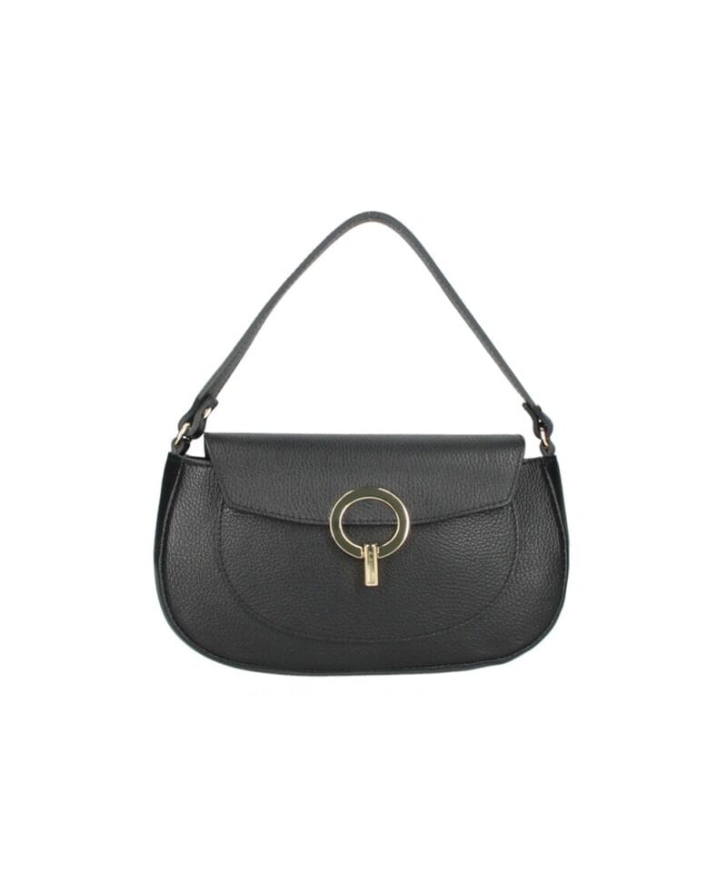 Leren Schoudertas Ring Sluiting zwart zwarte -ronde-gouden-draaislot-unieke-stevige-leren-tassen-italiaans-leder-kopen-bestellen