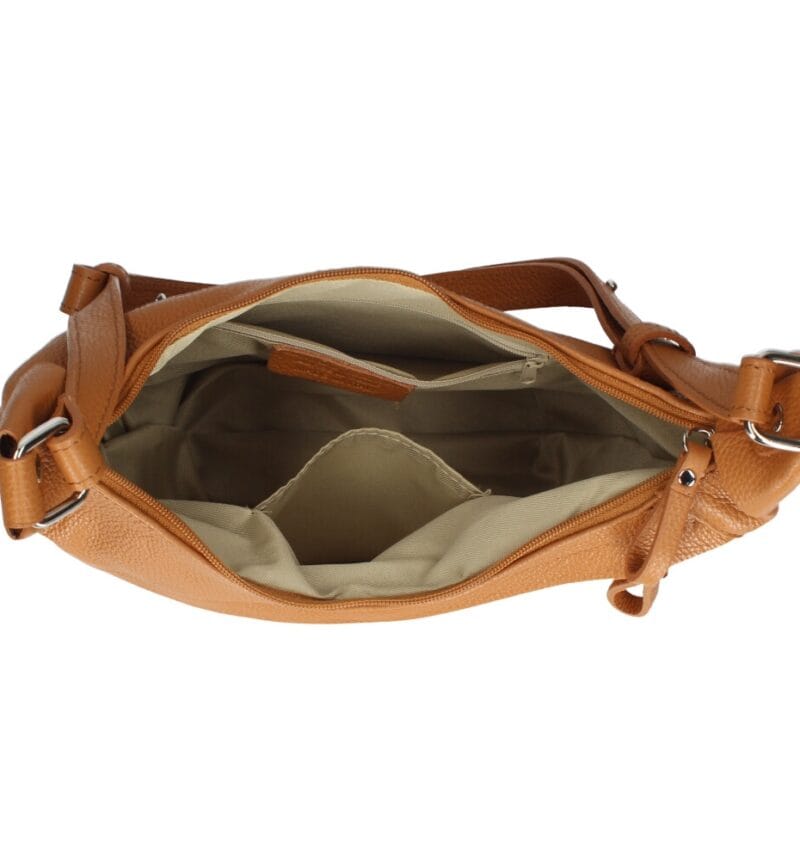Leren Schoudertas Sally cognac ruime zacht leren crossbodytassen luxe trendy italiaans leder kopen bestellen open