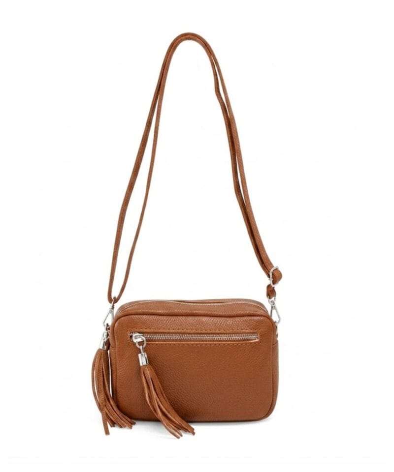 Leren-Schoudertas-Stina double Tassle-donker cognac trendy--tas-met-2 kwastjes-leder-fashion-tas-kopen-bestellen-