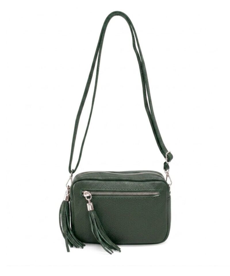 Leren-Schoudertas-Stina double Tassle-donker groen groene flessengroen trendy--tas-met-2 kwastjes-leder-fashion-tas-kopen-bestellen-