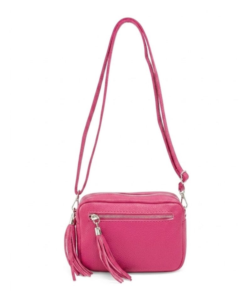 Leren-Schoudertas-Stina double Tassle-fuchsia trendy--tas-met-2 kwastjes-leder-fashion-tas-kopen-bestellen-