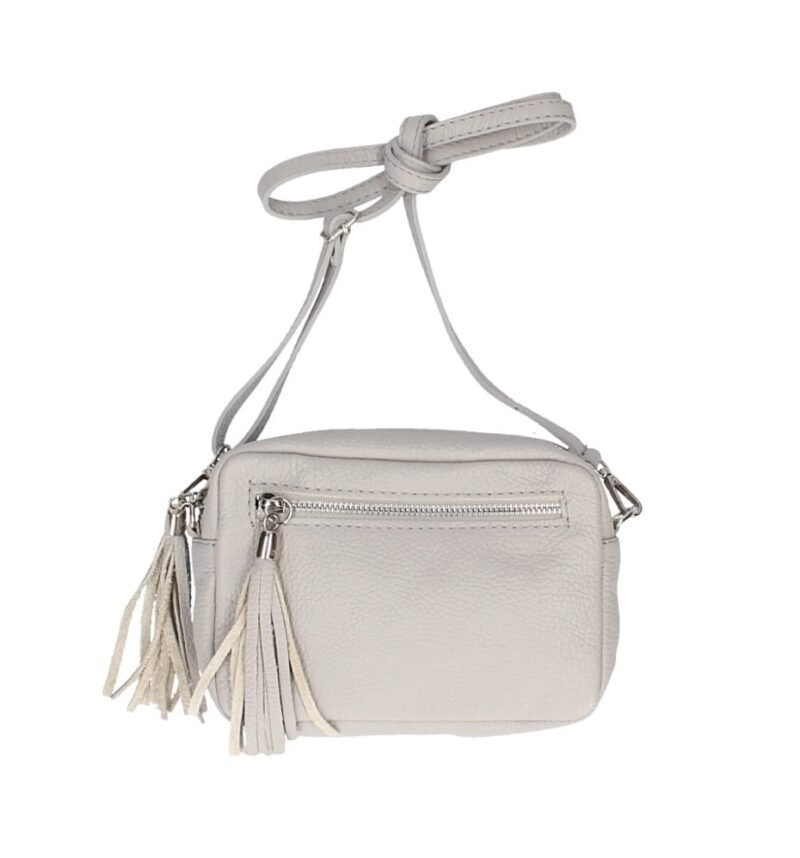 Leren-Schoudertas-Stina double Tassle- grijs grijze . trendy--tas-met-2 kwastjes-leder-fashion-tas-kopen-bestellen-
