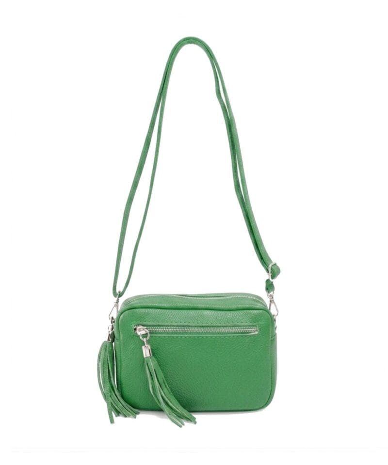 Leren-Schoudertas-Stina double Tassle-groen groene trendy--tas-met-2 kwastjes-leder-fashion-tas-kopen-bestellen-