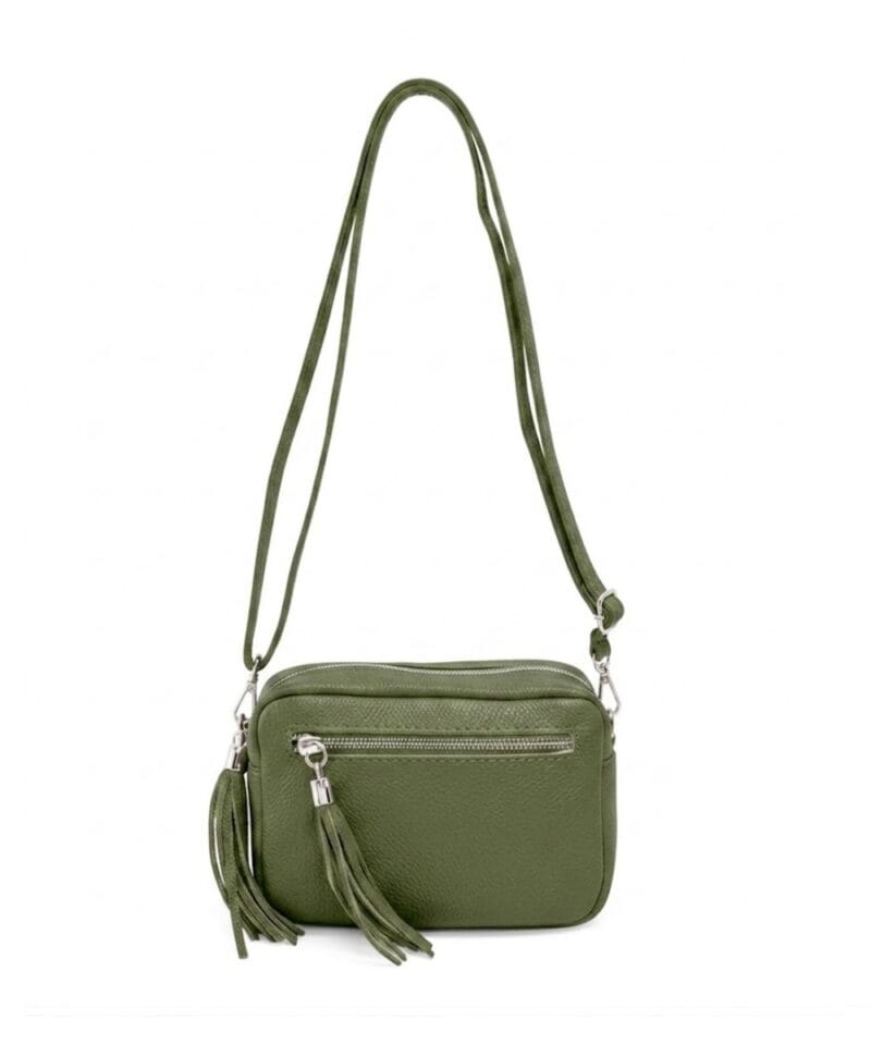 Leren-Schoudertas-Stina double Tassle-olijf groen groene trendy--tas-met-2 kwastjes-leder-fashion-tas-kopen-bestellen-