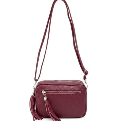 Leren-Schoudertas-Stina double Tassle- wijnrood wijnrode twee klosjes voorvak trendy dames tassen kopen bestellen