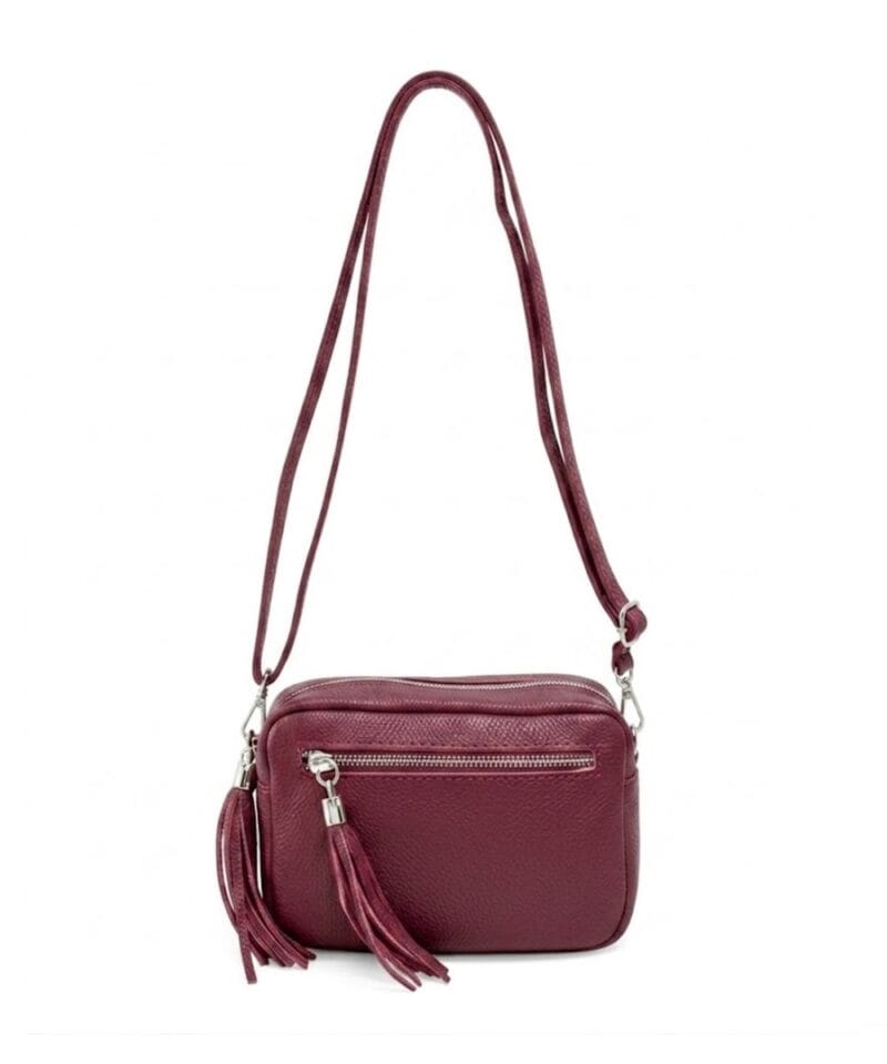 Leren-Schoudertas-Stina double Tassle- wijnrood wijnrode twee klosjes voorvak trendy dames tassen kopen bestellen