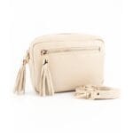Leren Schoudertas Tassels-beige -crossbodytassen-schoudertassen-trendy-tas-met-twee-kwastjes-leder-fashion-tas-kopen-bestellen-goud-beslag-camerabag