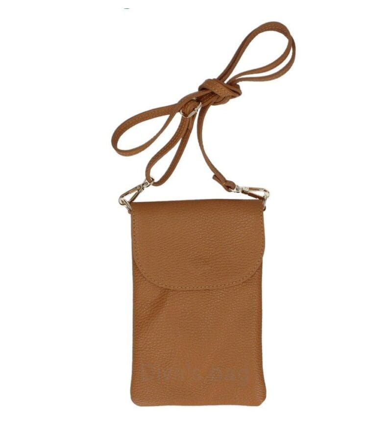 Leren Schoudertas Trasea donkercognac trendy kleine schoudertas met telefoonvak achter italiaans leder festival tasjes kopen bestellen