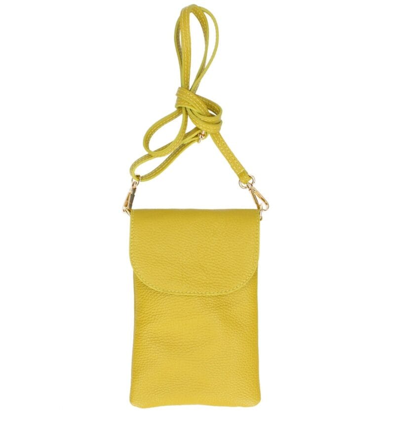 Leren Schoudertas Trasea mosterd geel gele trendy kleine schoudertas met telefoonvak achter italiaans leder festival tasjes kopen bestellen