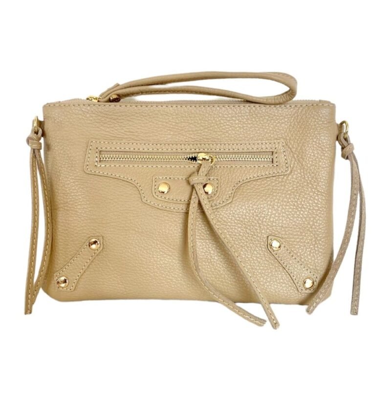 Leren Schoudertas Vanes taupe donker beige clutches schoudertassen dames tassen ritsen detail kopen bestellen online