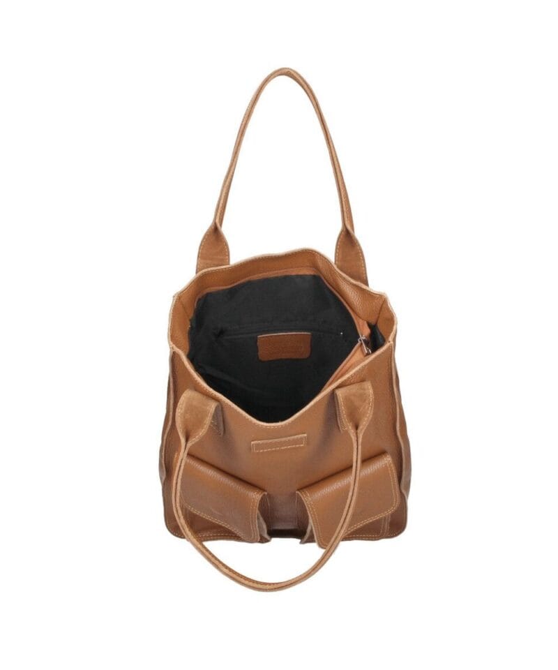 Leren Shopper Constance cognac ruime handtassen 2 voorakken trendy chique italiaans leder tassen open