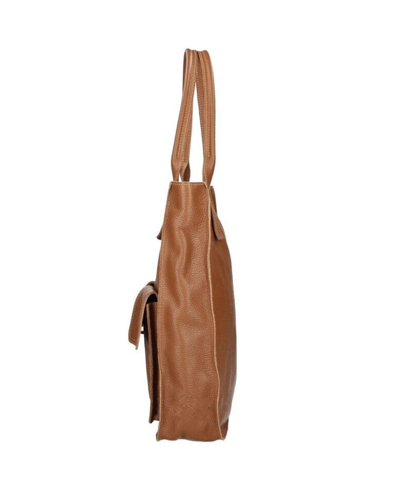 Leren Shopper Constance cognac ruime handtassen 2 voorakken trendy chique italiaans leder tassen zijkant