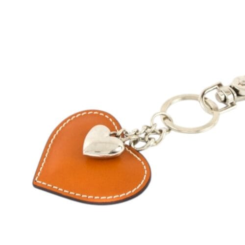 Leren-Sleutelhanger-Double Heart- donker oranje leder-leer tas hangers zilver -sleutel-hangers-bestellen kopen bag charms sleutelhanger-Photoroom