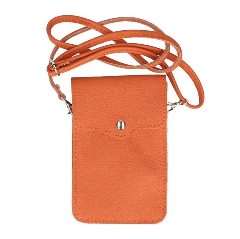 Leren-Telefoontasje Simply Basic -oranje orange bag tassen telefoon tasjes -schoudertasje-handige-tas-kopen-bestellen-lederen-phonebag -lang-2-vakken-leer