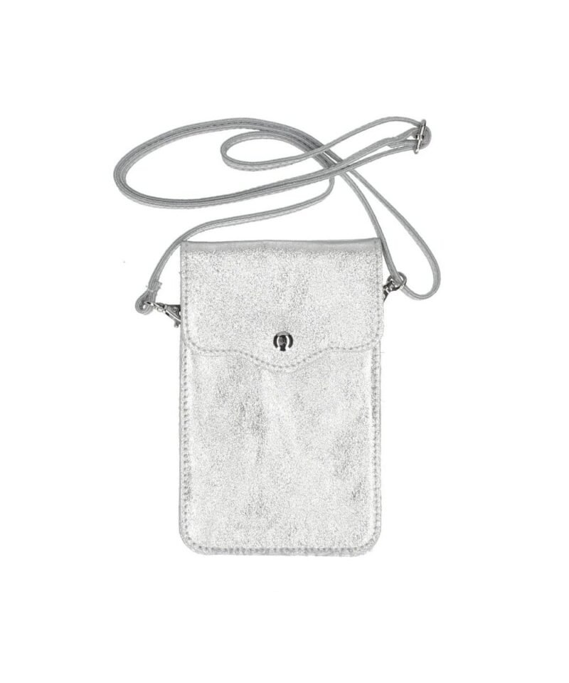 Leren-Telefoontasje-Simply-Basic- zilver zilveren-tassen-telefoon-tasjes-schoudertasje-handige-tas-kopen-bestellen-lederen-phonebag-lang-2-vakken-leer