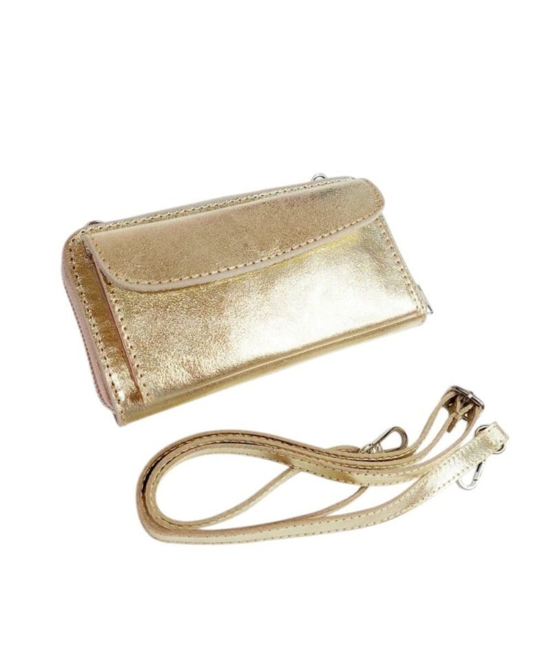 Metallic Leren Portemonnee Telefoonvak--goud gouden leren-telefoontasjes-portemonee-schoudertas-hengsel-festival-tas-bestellen-kopen detail