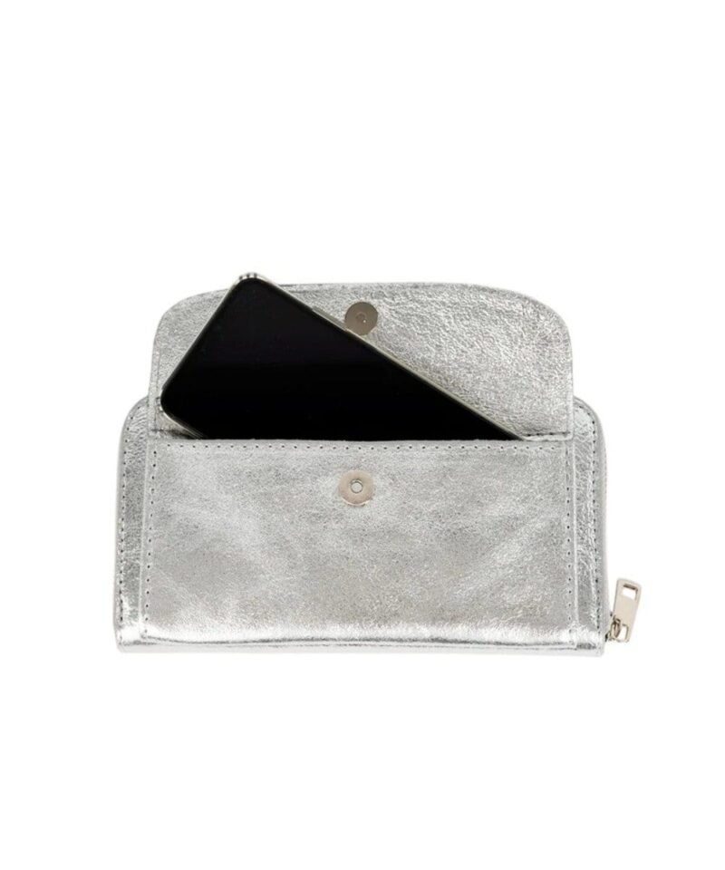 Metallic Leren Portemonnee Telefoonvak-zilver-zilveren leren-telefoontasjes-portemonee-schoudertas-hengsel-festival-tas-bestellen-kopen open