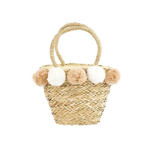 Rieten Handtas Pompoms beige wit bolletjes-rieten-riet-hantassen-fuchsia-en-roze-bolletjes-lang-hengsels-strandtassen-kopen-bestellen