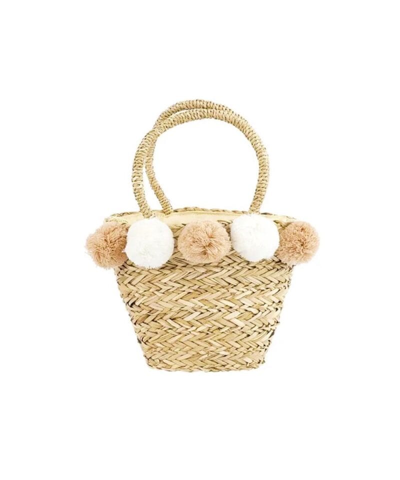Rieten Handtas Pompoms beige wit bolletjes-rieten-riet-hantassen-fuchsia-en-roze-bolletjes-lang-hengsels-strandtassen-kopen-bestellen
