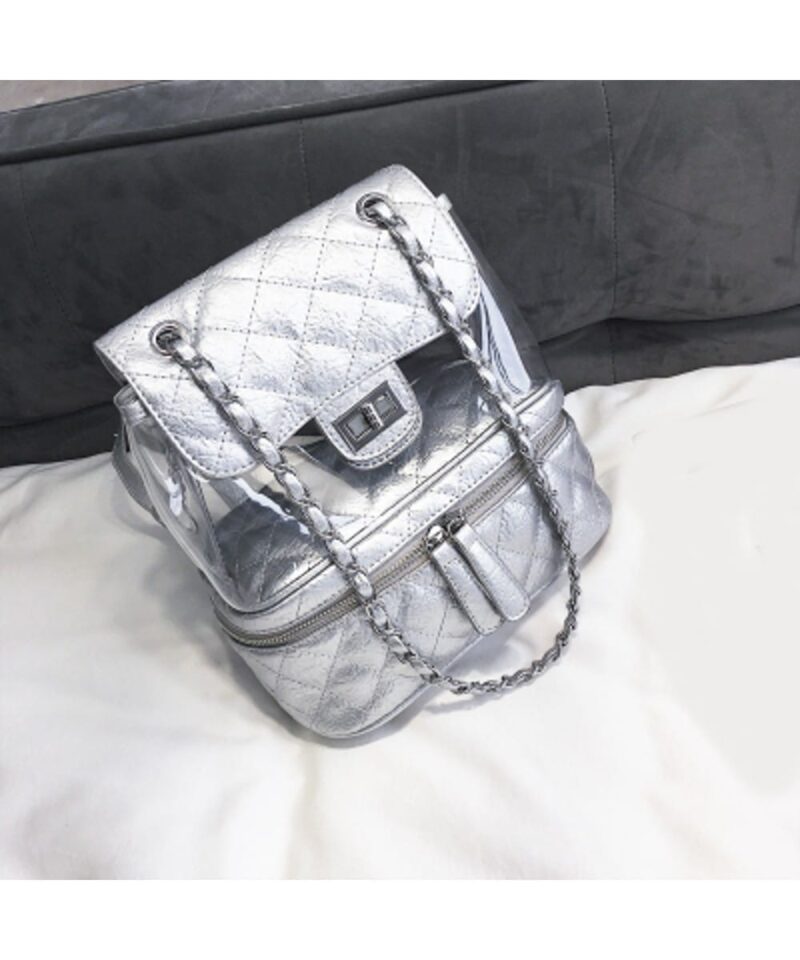 Rugtas-Coco Love-zilver-zilveren-half-transparent doorzichtige-kleine-rugzakken-schoudertassen met-stiksels-en-ketting-hengsel-kopen-bestellen online