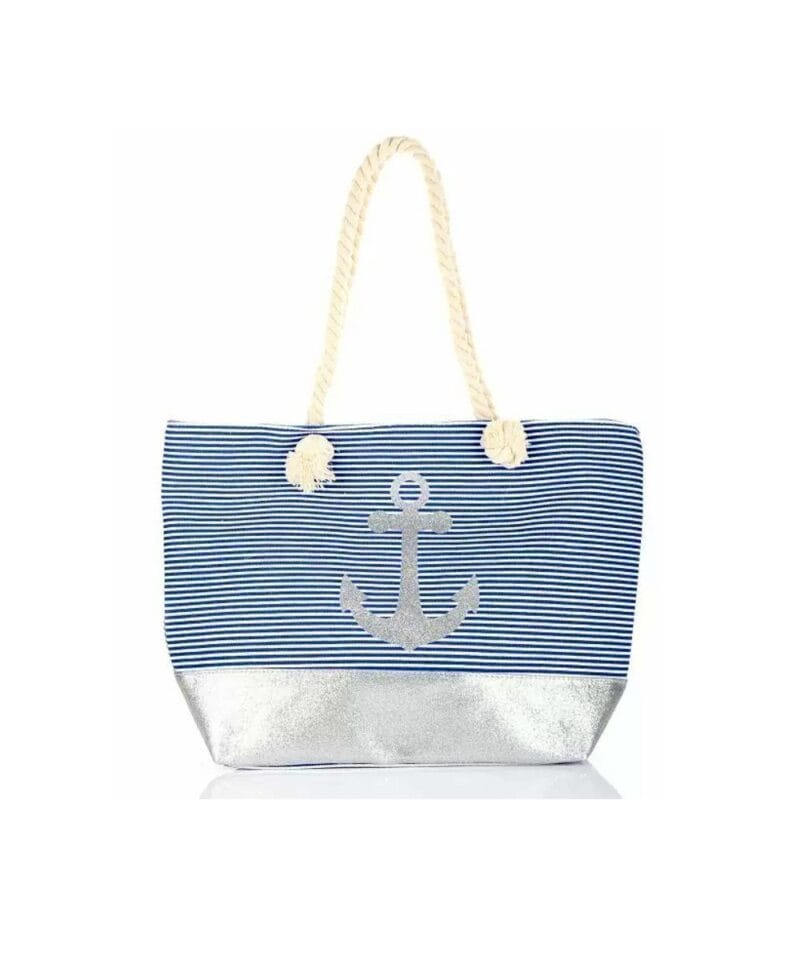 Strandtas-Anker & strepen blauw-wit-gestreepte-strandtassen-zilver-anker-print-strandtassen-beachbags-tassen-kopen