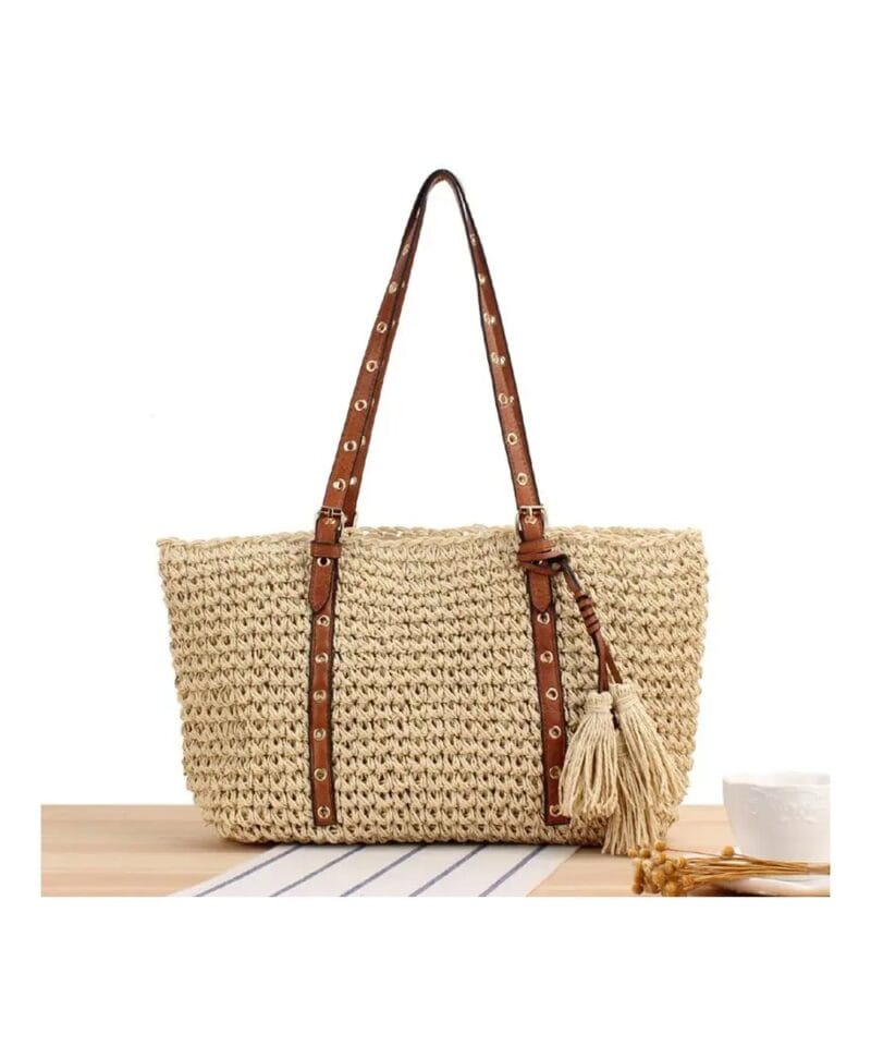 Strandtas Betsy beige rieten rattan strandtassen kwastjes trendy fashion beachbags tassen kopen bestellen detail