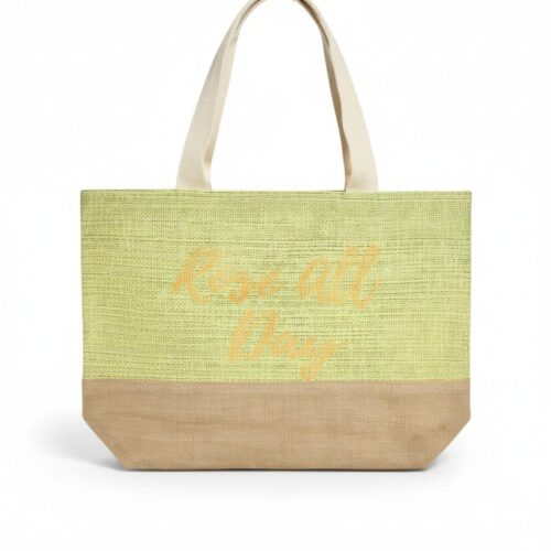 Strandtas Rosé All Day-groen-beige-strandtassen-met-gouden-tekst-zomer-tassen-online-strandtas-kopen-rits