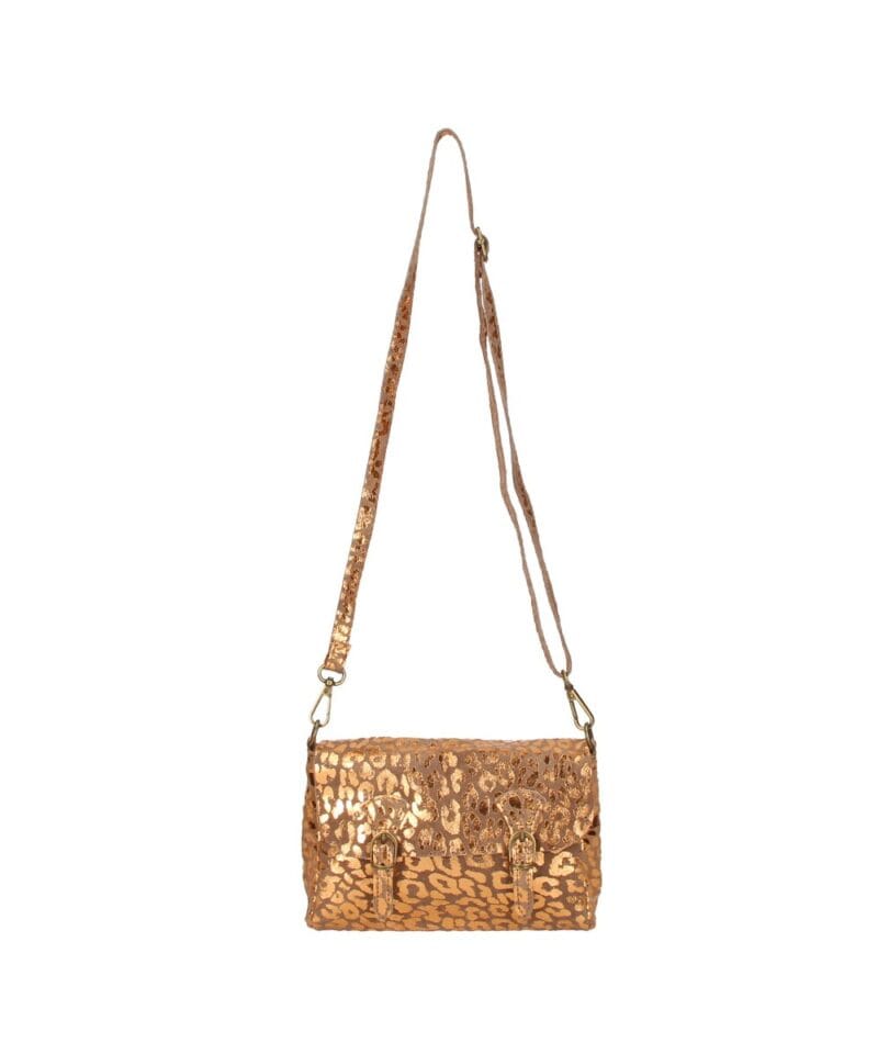 Suede Crossbodytas Metallic Panter cognac suede schoudertassen dierenprint zachte trendy dames tassen kopen bestellenSuede Crossbodytas Metallic Panter cognac suede schoudertassen dierenprint zachte trendy dames tassen kopen bestellen