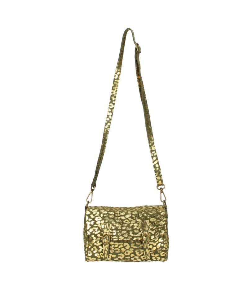 Suede Crossbodytas Metallic Panter taupe olijf groen groene schoudertassen dierenprint zachte trendy dames tassen kopen bestellen
