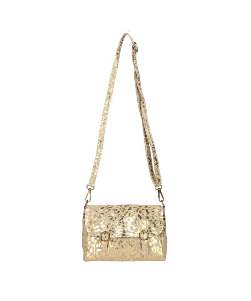 Suede Crossbodytas Metallic Panter taupe suede schoudertassen dierenprint zachte trendy dames tassen kopen bestellen