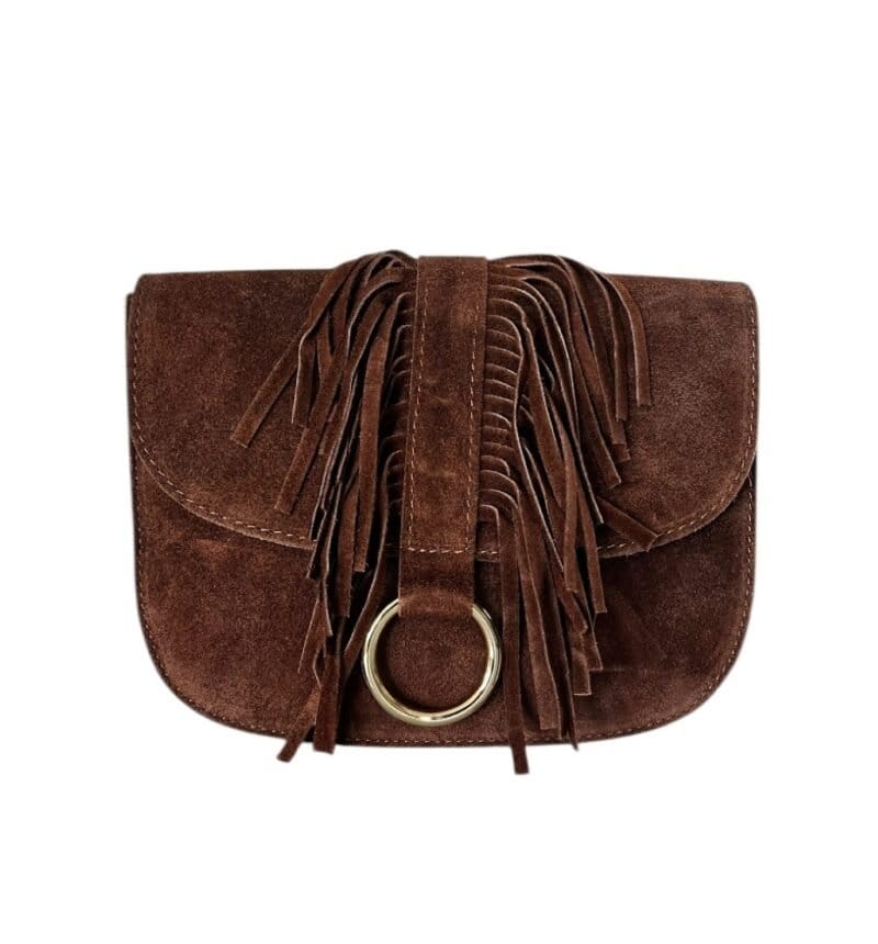 Suede Halve Maan Fringe bruin bruine stevige suede schoudertassen crossbodytassen franjes kopen bestellen