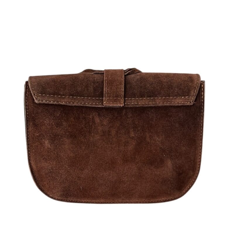 Suede Halve Maan Fringe bruin bruine stevige suede schoudertassen crossbodytassen franjes kopen bestellen achterkant