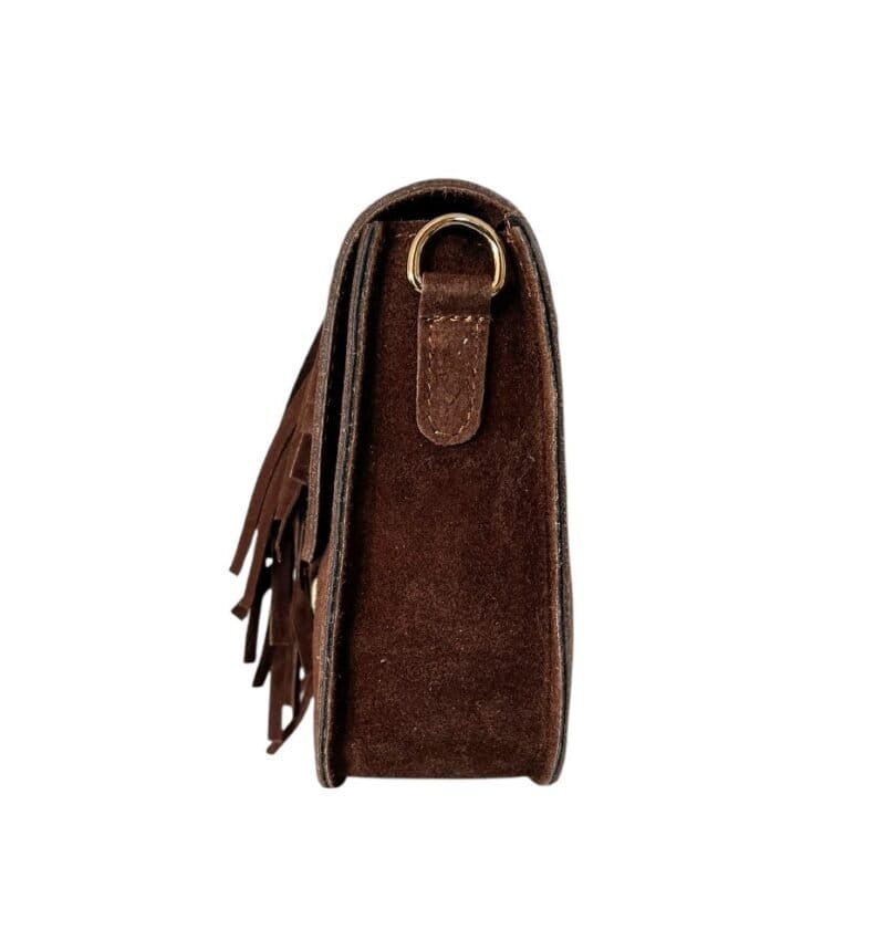 Suede Halve Maan Fringe bruin bruine stevige suede schoudertassen crossbodytassen franjes kopen bestellen zijkant