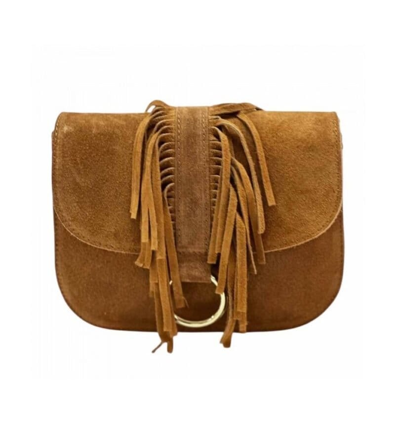 Suede Halve Maan Fringe cognac stevige suede schoudertassen crossbodytassen franjes kopen bestellen(3)