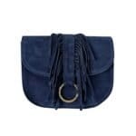 Suede Halve Maan Fringe donker blauw blauwe navy stevige suede schoudertassen crossbodytassen franjes kopen bestellen
